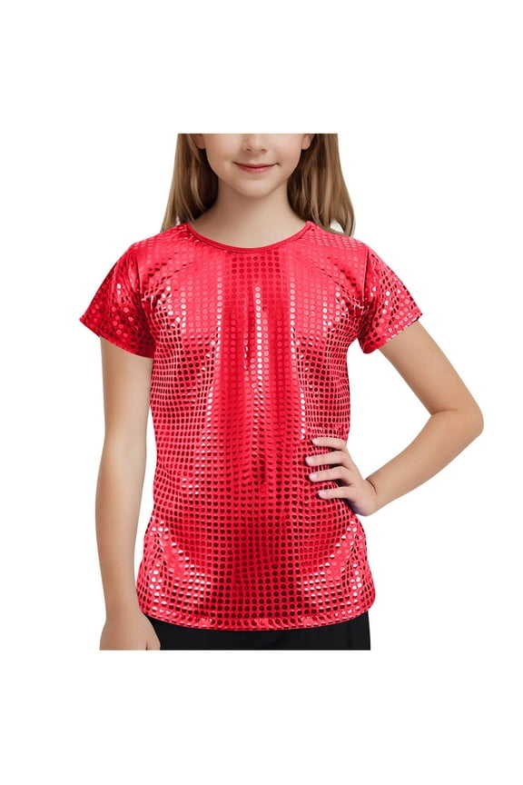 Kids Girls Summer Sparkly Hip Hop Dance Tops Short Sleeve Loose Tshirt for Performance Costume