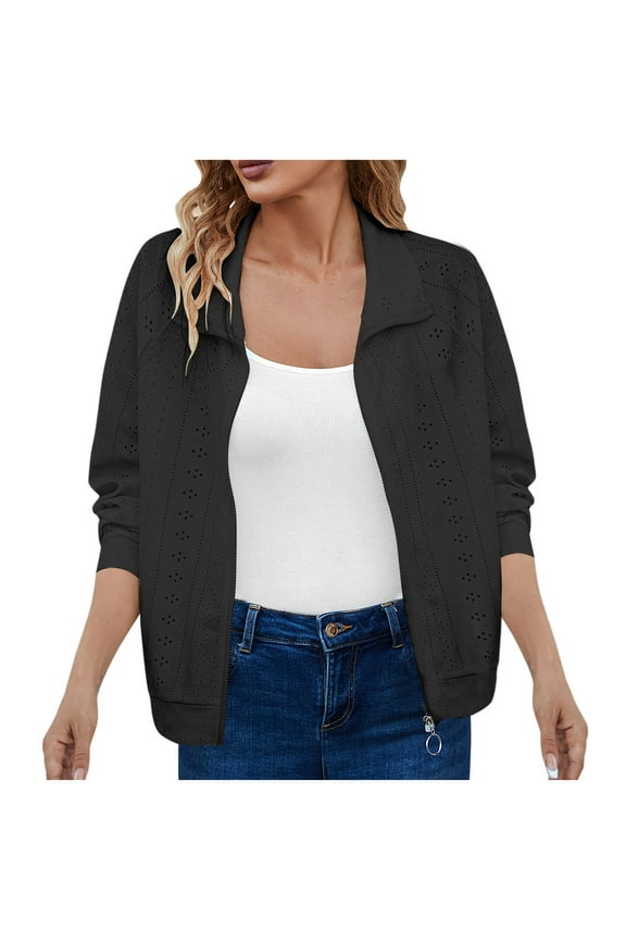 Light Jackets for Women Eyelet Lapel Neck Long Sleeve Zipper Front Outerwear Casual Crop Jacket