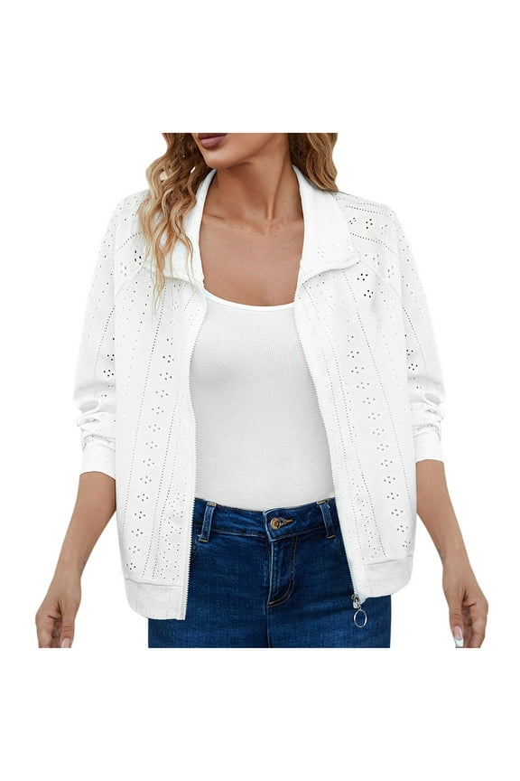 Light Jackets for Women Eyelet Lapel Neck Long Sleeve Zipper Front Outerwear Casual Crop Jacket