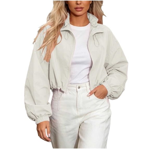 Timegard Lightweight Jackets for Women Full Zip Crop Jackets Long Sleeve Drawstring Bottom Collared Fashion Jackets(Medium,White)