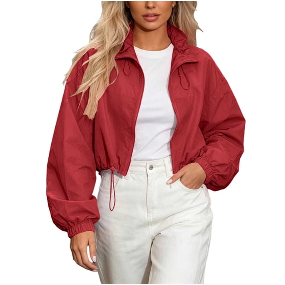 Timegard Lightweight Jackets for Women Full Zip Crop Jackets Long Sleeve Drawstring Bottom Collared Fashion Jackets(Small,Red)