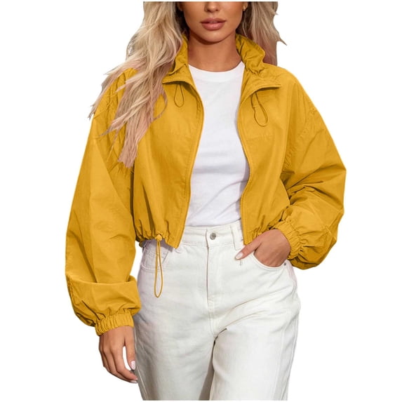 Timegard Lightweight Jackets for Women Full Zip Crop Jackets Long Sleeve Drawstring Bottom Collared Fashion Jackets(X-Large,Yellow)