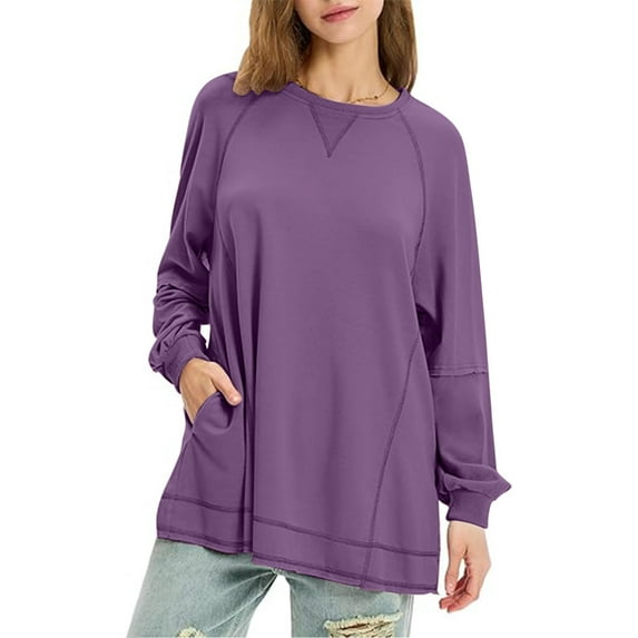 Timegard Lightweight Sweatshirts for Women Crewneck Loose Long Sleeve Tops Pullover Fall Solid Color