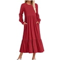 thumbnail image 1 of Timegard Long Sleeve Dresses for Women Crewneck Ruffle Ruched Beach Casual Loose Dress with Pockets, 1 of 3