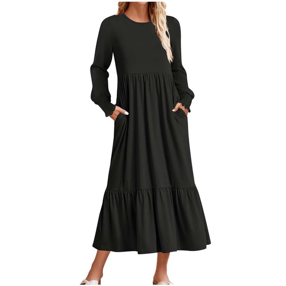 Timegard Long Sleeve Dresses for Women Crewneck Ruffle Ruched Beach Casual Loose Dress with Pockets