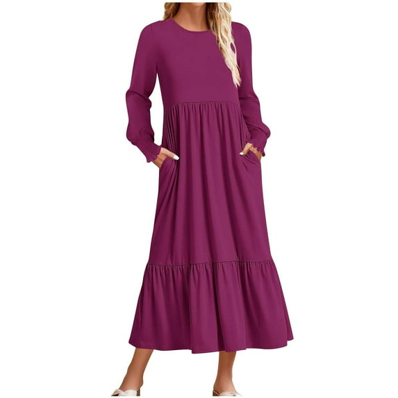 Timegard Long Sleeve Dresses for Women Crewneck Ruffle Ruched Beach Casual Loose Dress with Pockets