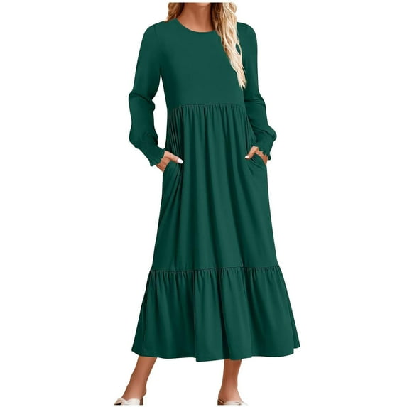 Timegard Long Sleeve Dresses for Women Crewneck Ruffle Ruched Beach Casual Loose Dress with Pockets