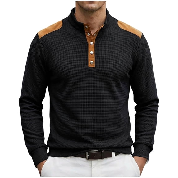 Timegard Long Sleeve Shirts for Men Button Quarter Pullover Stand Collared Breathable Fall Casual Golf Work Shirts Sweatshirts(Black,XXL)