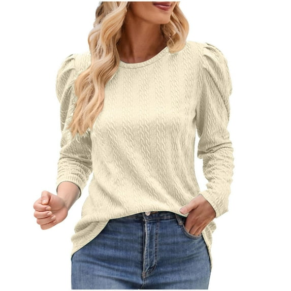 Timegard Long Sleeve Shirts for Women Crewneck Ruched Texture Blouse Fall Casual Solid Color Tops