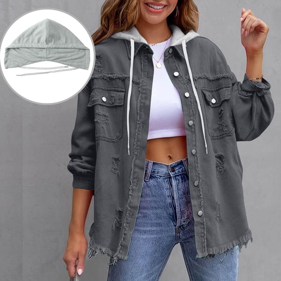 Timegard Jackets for Women Long Sleeve Button down Jean Hoodies Ripped Hole Fall Fashion Loose Streetwear