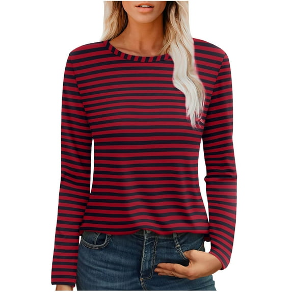 Timegard Long Sleeve Tops for Women Fall Casual Loose Comfy Blouse Crewneck Striped Tops Basic Tee