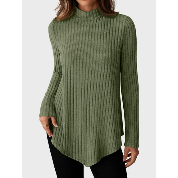 Timegard Long Sleeve Tops for Women Fall Half High Neck Ribbed Blouse Loose Irregularly Comfy Tops Trendy