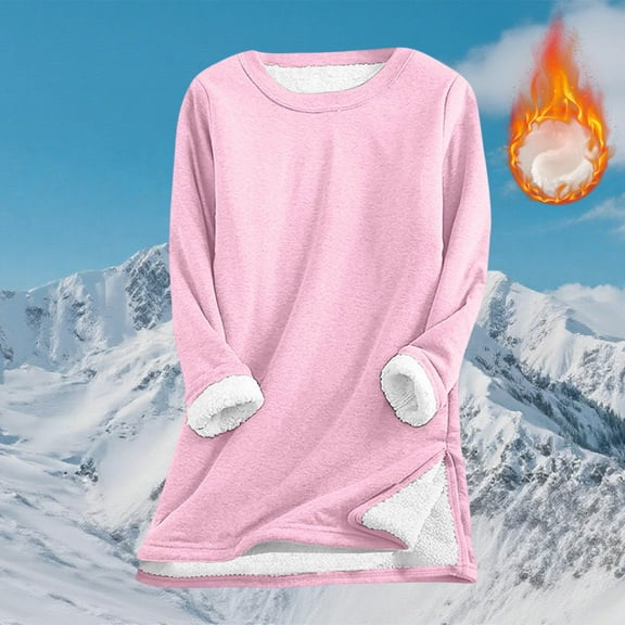 Timegard Long Sleeve Tops for Women Fall Winter Fleece Warm Crewneck Blouse Side Split Loose Pullover