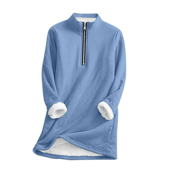 Timegard Long Sleeve Tops for Women Stand Collar Thick Warm Fleece Zipper Casual Mid Long Pullover Fall Winter