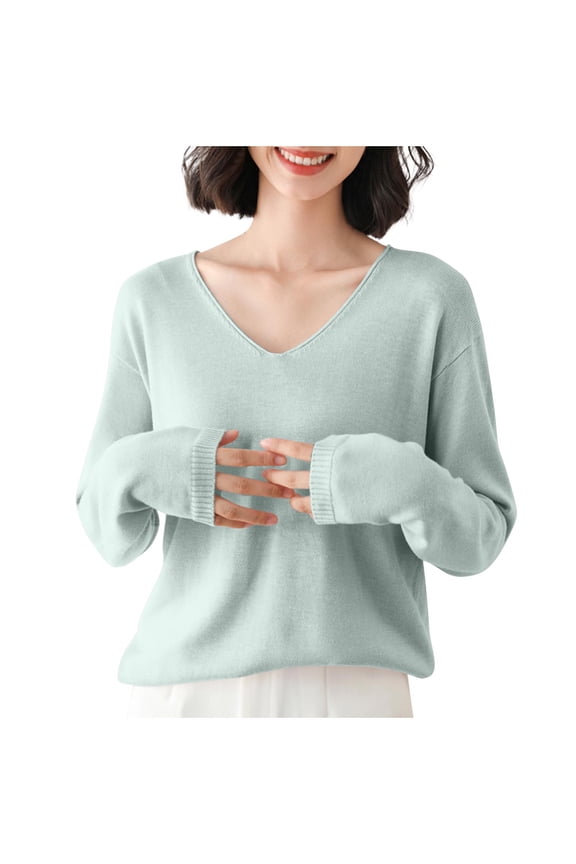 Long Sleeve Tops for Women V Neck Solid Color Comfy Casual Drop Shoulder Pullover Tops Fall