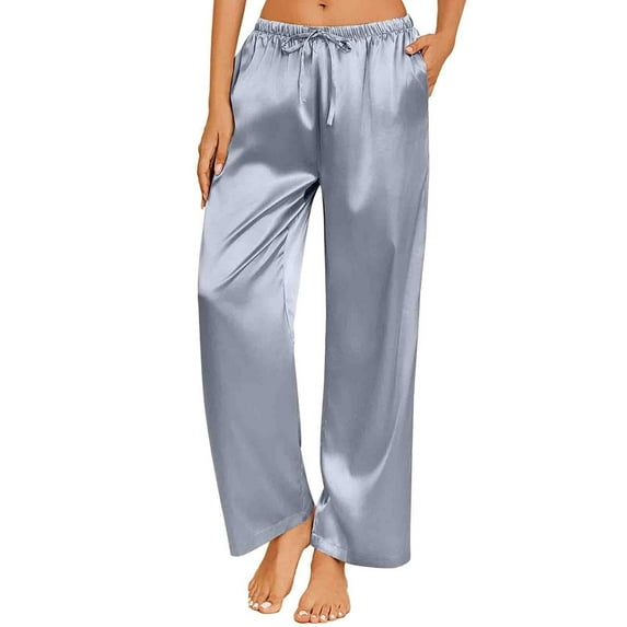 Timegard Lounge Pants for Women Satin Straight Leg Pajamas Elastic Waist Loose Soft Homewear Trousers