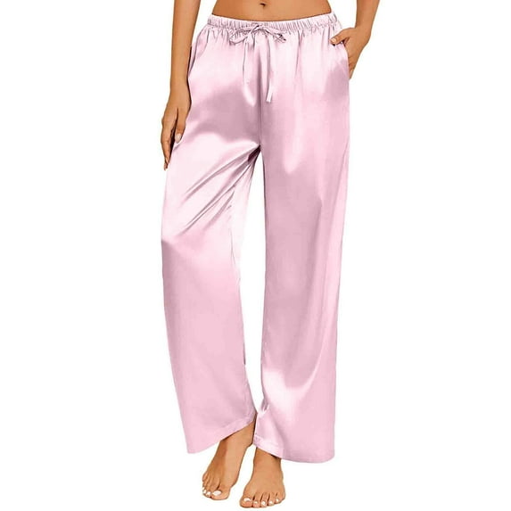 Timegard Lounge Pants for Women Satin Straight Leg Pajamas Elastic Waist Loose Soft Homewear Trousers