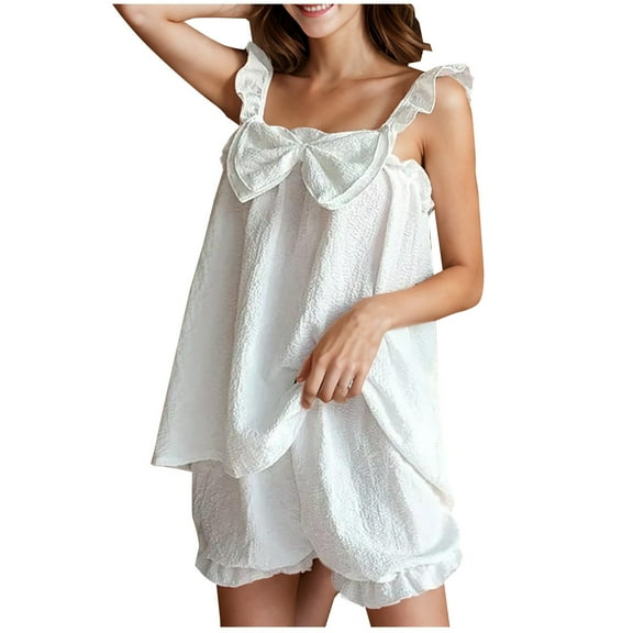 Timegard Lounge Sets for Women 2 Piece Pjs Ruffle Strap Tank Top Baggy Shorts Solid Color Cute Outfits