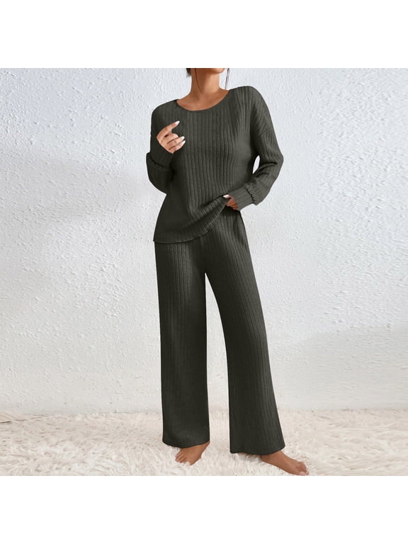Lounge Sets for Women 2 Piece Ribbed Scoop Neck Long Sleeve Tops Loose Pants Comfy Outfits Fall