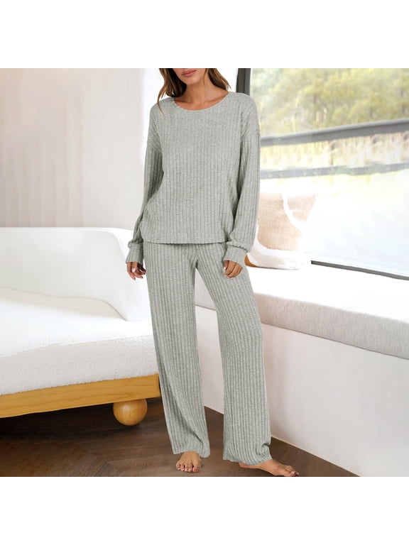 Lounge Sets for Women 2 Piece Ribbed Scoop Neck Long Sleeve Tops Loose Pants Comfy Outfits Fall