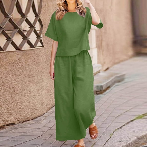 Timegard Lounge Sets for Women 2 Piece Scoop Neck Blouse Wide Leg Pants Loose Summer Fashion Outfits