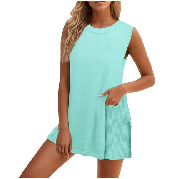 Timegard Lounge Sets for Women Crewneck Mid Long Tank Top Shorts Comfy Knit Outfits Summer Fashion