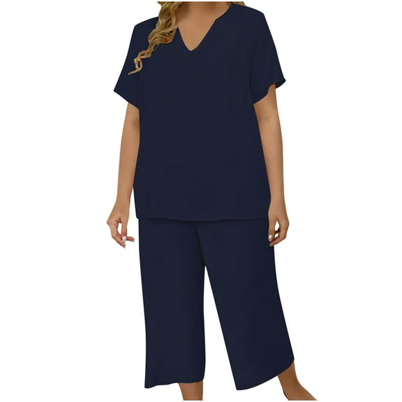 Timegard Lounge Sets for Women Plus Size V Neck Short Sleeve Tops Wide Leg Cropped Pants Lightweight Outfits
