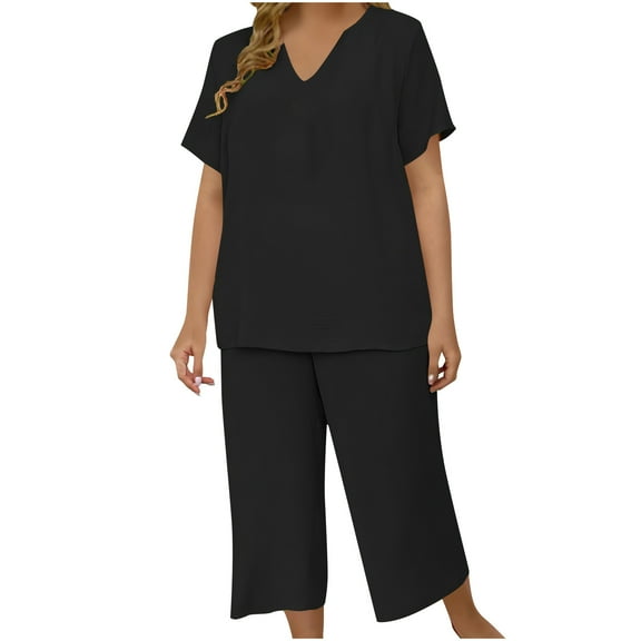 Timegard Lounge Sets for Women Plus Size V Neck Short Sleeve Tops Wide Leg Cropped Pants Lightweight Outfits
