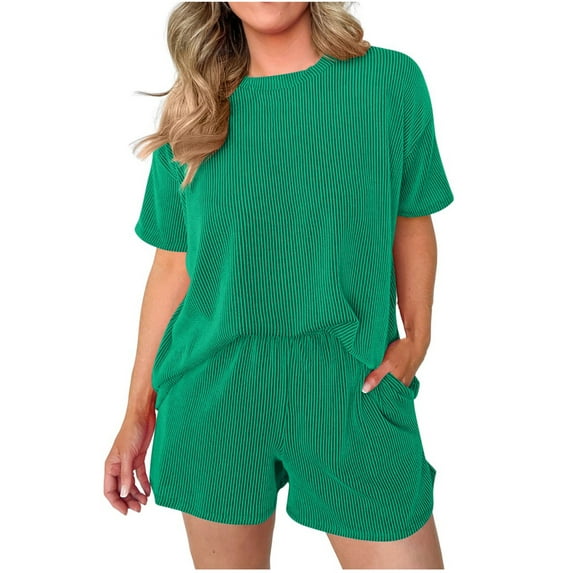 Timegard Lounge Sets for Women Ribbed Short Sleeve Tee Shorts with Pockets Summer Outfits Solid Color