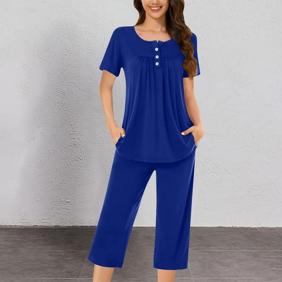 Timegard Lounge Sets for Women Ruched Short Sleeve Blouse Capris Pants Summer Comfy Solid Color Pajamas Outfits