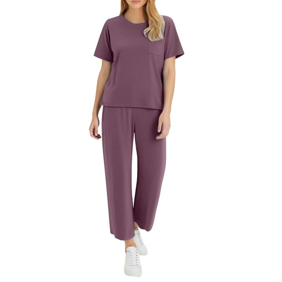 Timegard Lounge Sets for Women Short Sleeve Side Split Tee Pants Pockets Travel Casual Summer Outfits