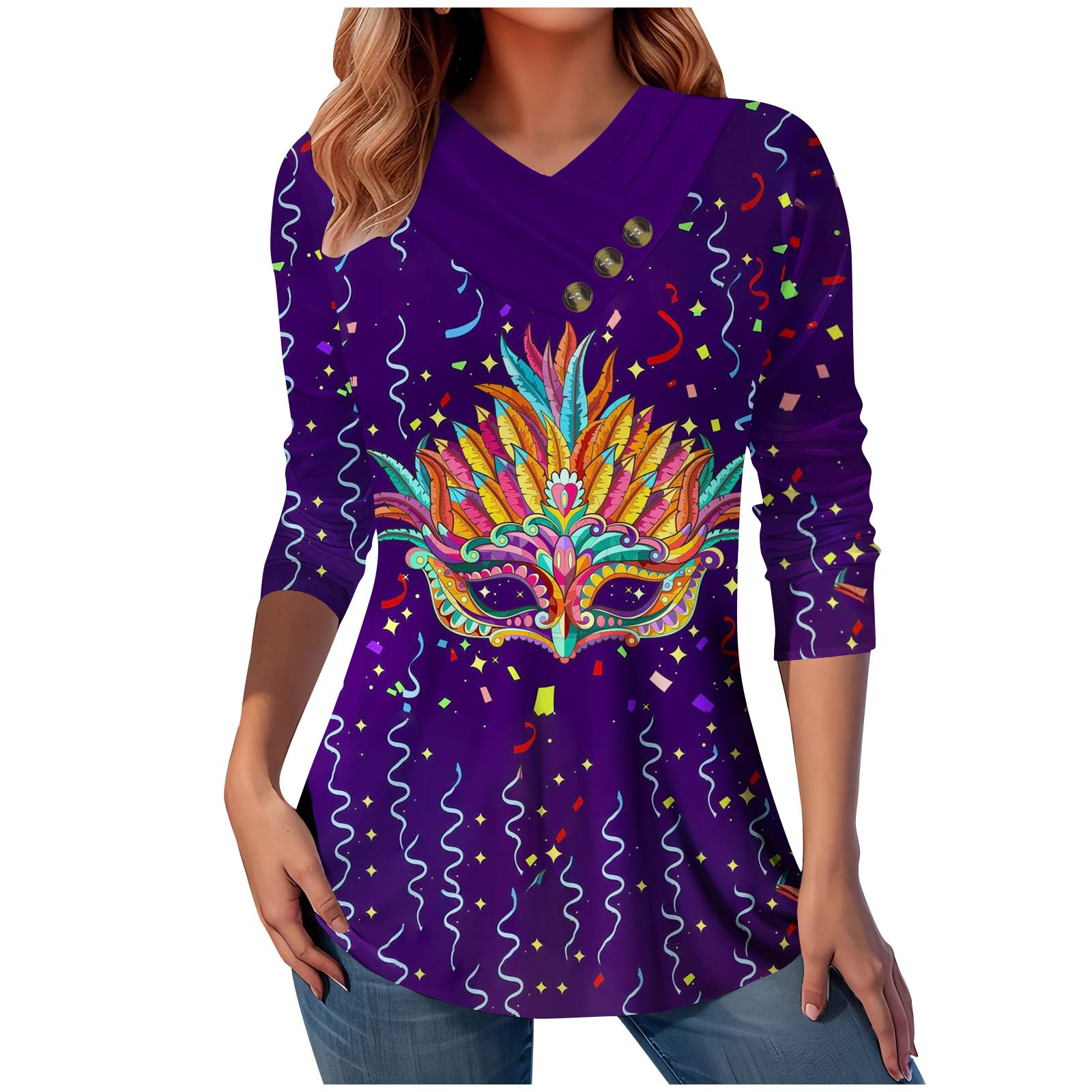 Timegard Mardi Gras Shirts for Women Mask Printed Long Sleeve VNeck Button Tshirts Loose