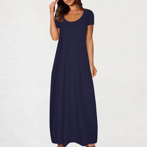 Timegard Maxi Dresses for Women Scoop Neck Short Sleeve Tshirts Long Dresses Comfy Fitting Casual Dresses S-5xl
