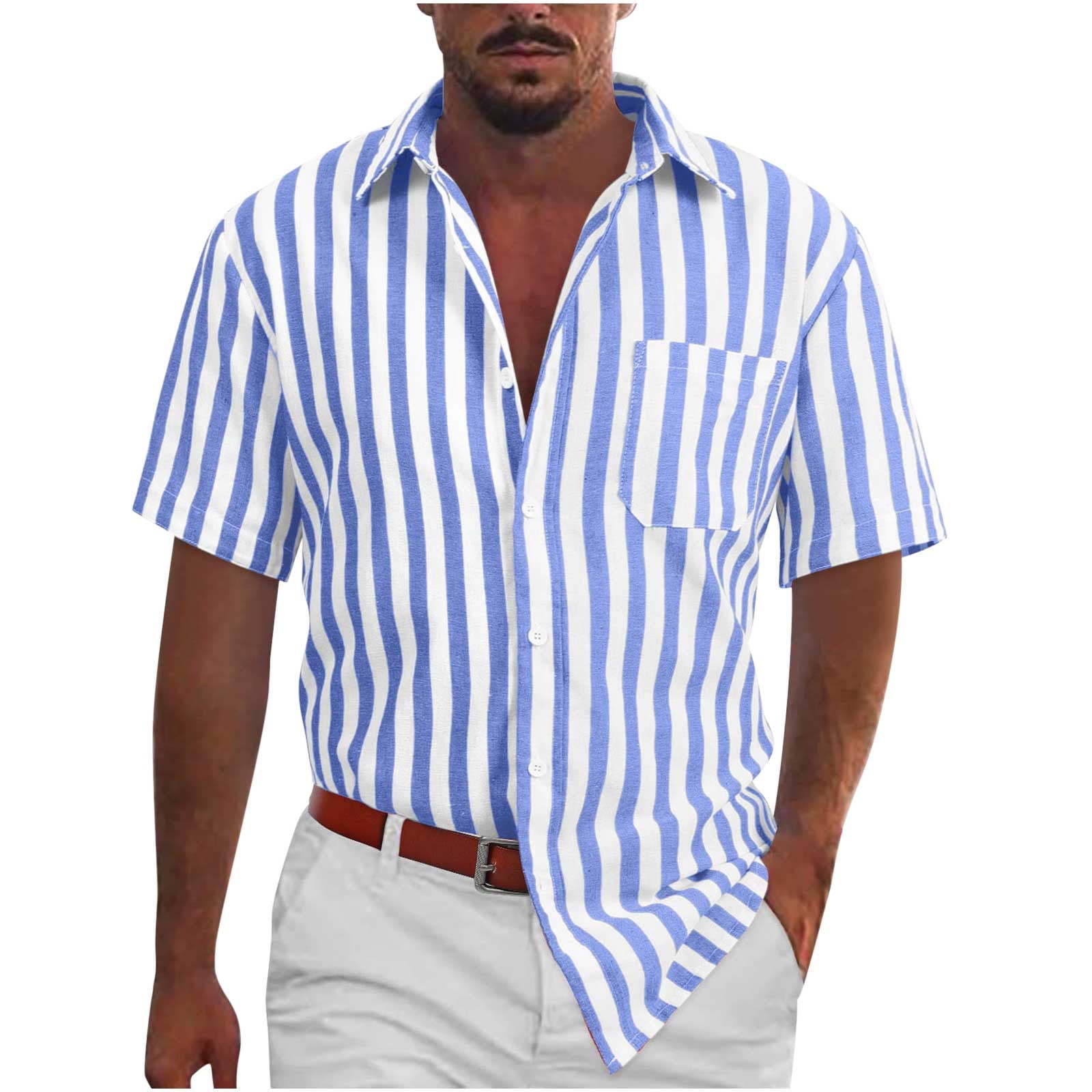 Timegard Men's Casual Stylish Short Sleeve Button-Up Striped Dress Shirts  Cotton with Pocket Shirt