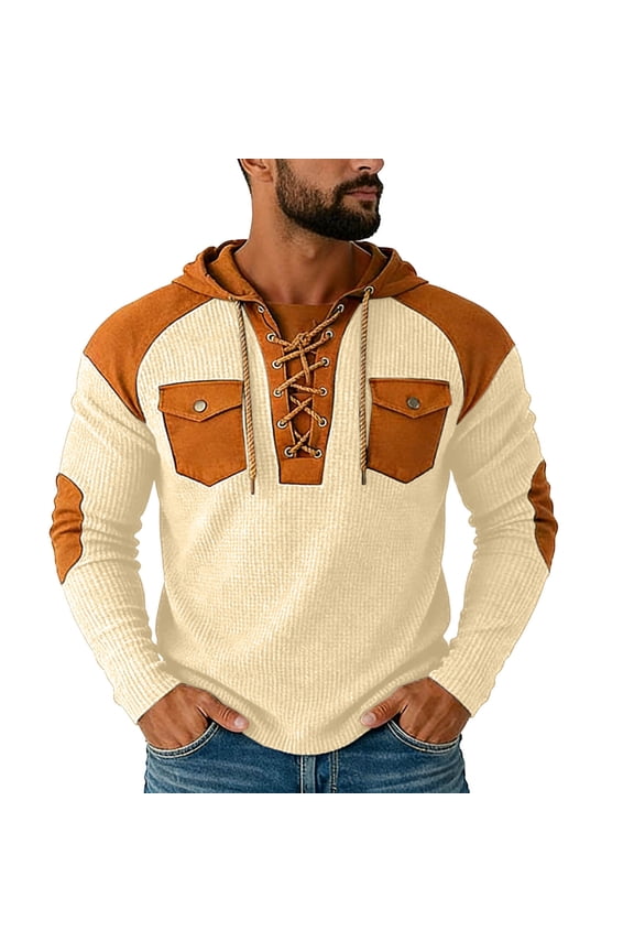Men's Hoodies Sweatshirts Drawstring Long Sleeve Color Block Fall Casual Fitting Pullover with Pockets(XXL,Khaki)