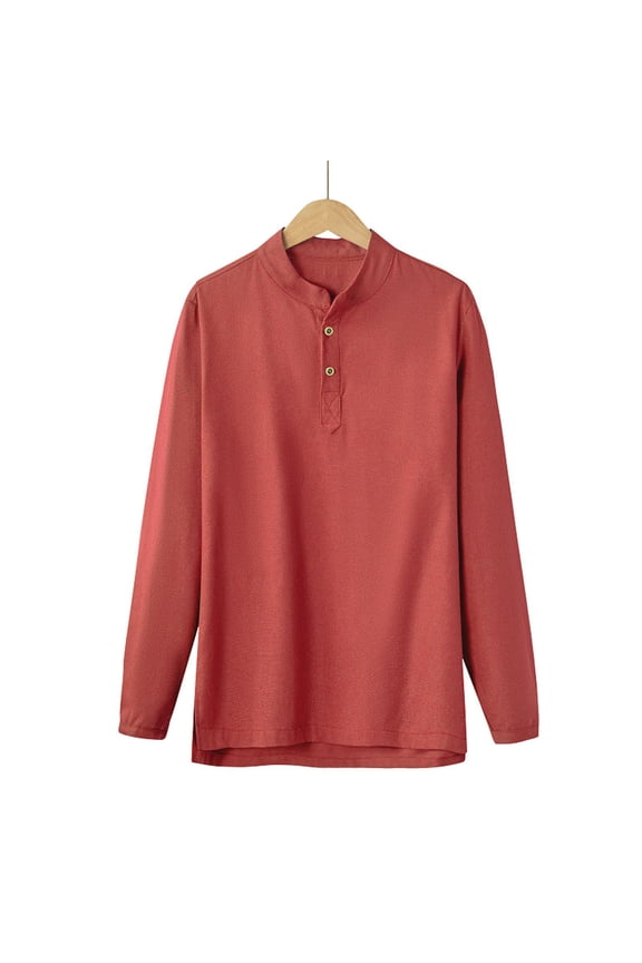 Mens Long Sleeve Tops Stand Collar Button Loose Lightweight Blouse Casual Solid Color Side Split Shirts Tops