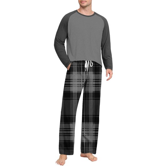 Timegard Mens Pajamas Sets 2 Piece Round Neck Long Sleeve Tops Plaid Loose Pants Outfits Comfy Loungewear