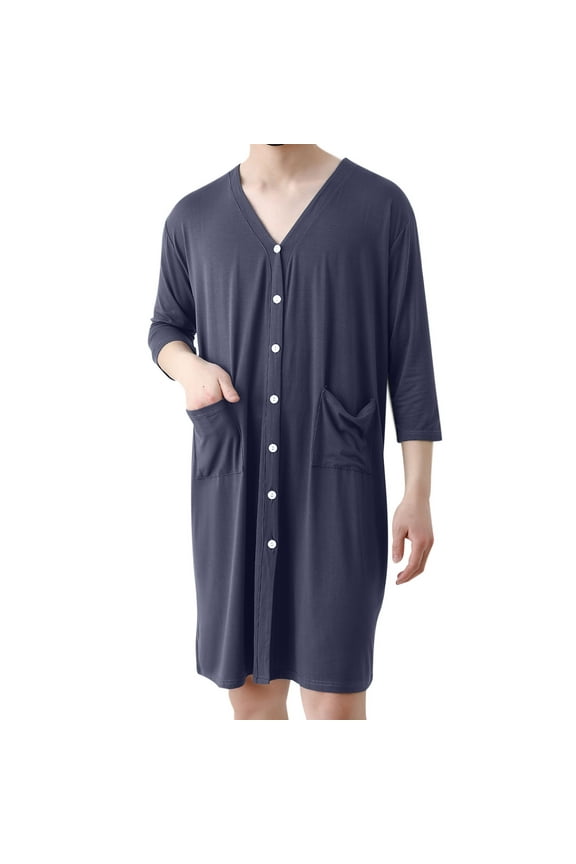 Mens Robe V Neck Button down Shirts Long Sleeve Loose Nightgown Casual Comfy Bathrobe with Pockets