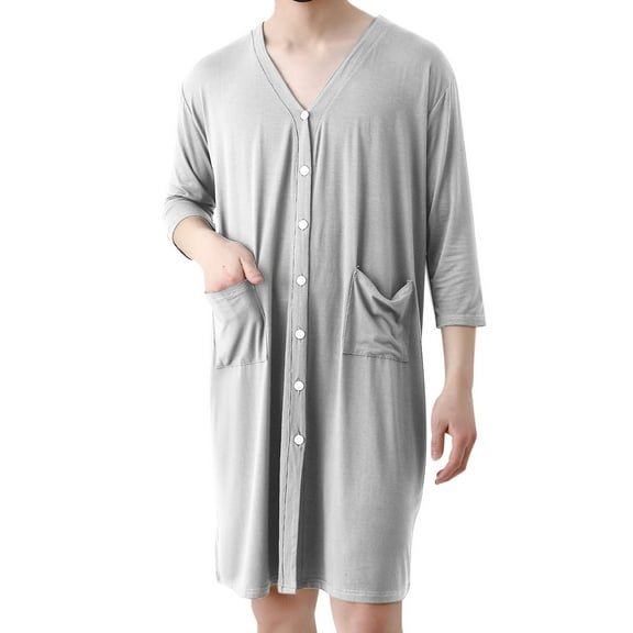 Timegard Mens Robe V Neck Button down Shirts Long Sleeve Loose Nightgown Casual Comfy Bathrobe with Pockets