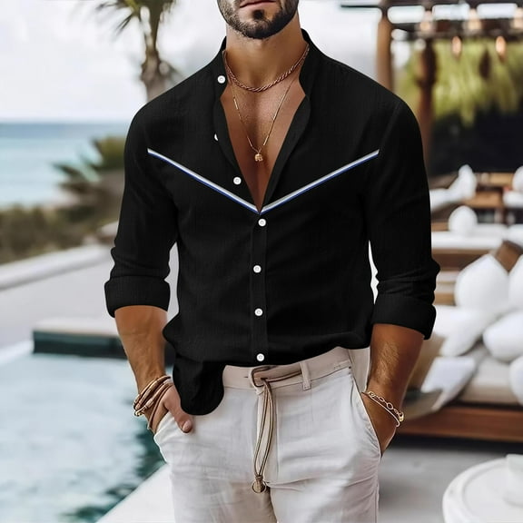 Timegard Mens Shirts Fall Stand Collar Drop Shoulder Button down Blouse Long Sleeve Lightweight Work Tops