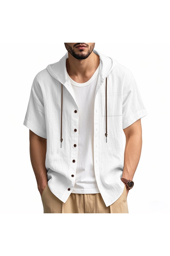 Mens Short Sleeve Button down Shirts Cotton Linen Drawstring Lightweight Tops Plain Summer Beach T Shirt with Hoodies