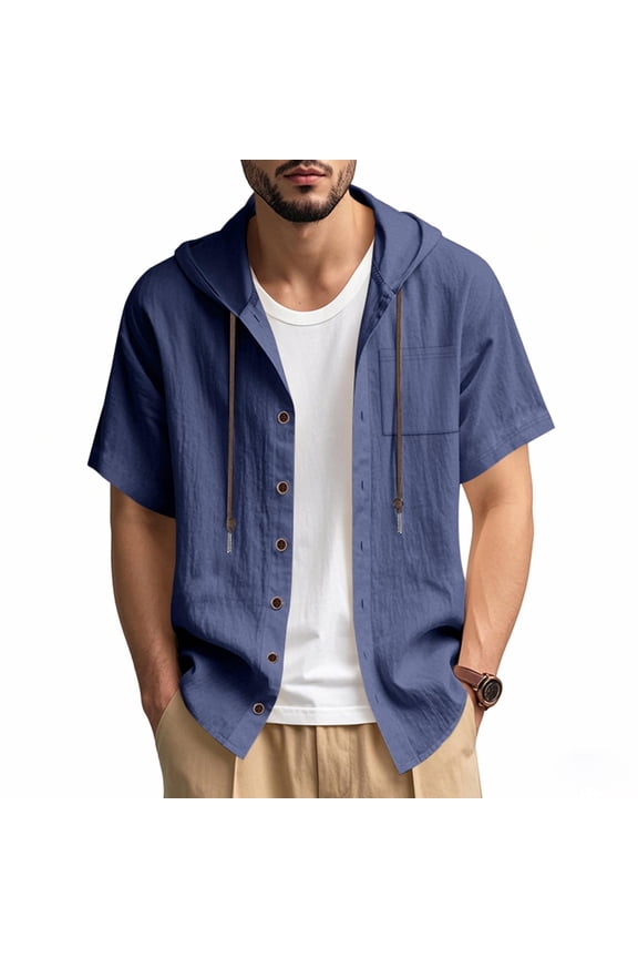 Mens Short Sleeve Button down Shirts Cotton Linen Drawstring Lightweight Tops Plain Summer Beach T Shirt with Hoodies