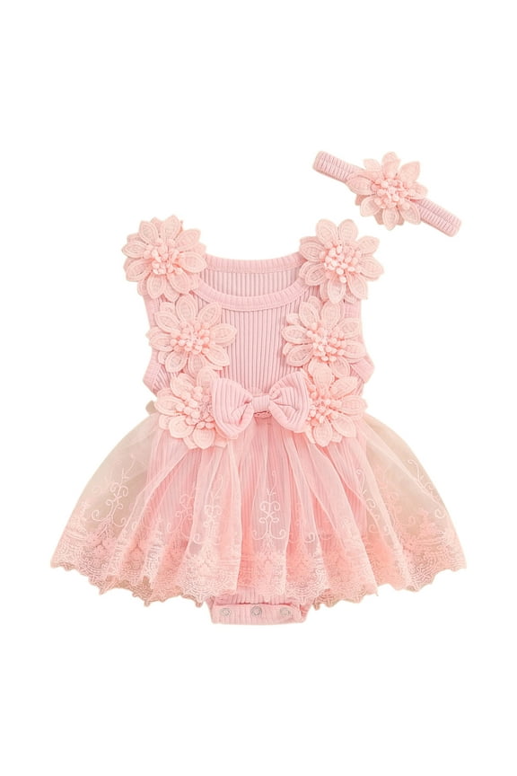 Newborn Baby Girl Clothes Toddler Birthday Outfit Floral Lace Onesie Infant Cake Princess Dress with Headbead