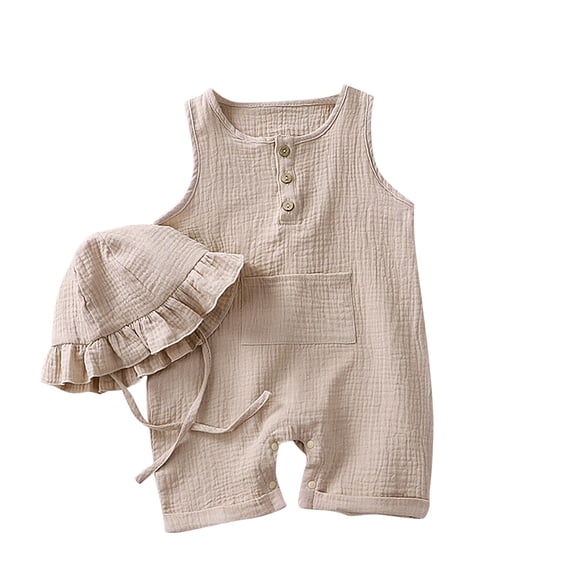 Timegard Newborn Baby Girls Clothes Sleeveless Jumpsuit Summer Button Toddler Rompers with Pocket and Cap