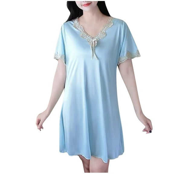 Timegard Nightgowns for Women Pajamas Lace V Neck Short Sleeve Homewear Casual Soft Thin Sleep Dresses