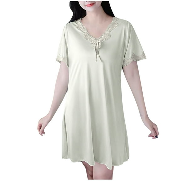 Timegard Nightgowns for Women Pajamas Lace V Neck Short Sleeve Homewear Casual Soft Thin Sleep Dresses