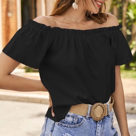 Timegard Off the Shoulder Tops for Women Ruffle Short Sleeve Lightweight Blouse Summer Travel Casual Tops