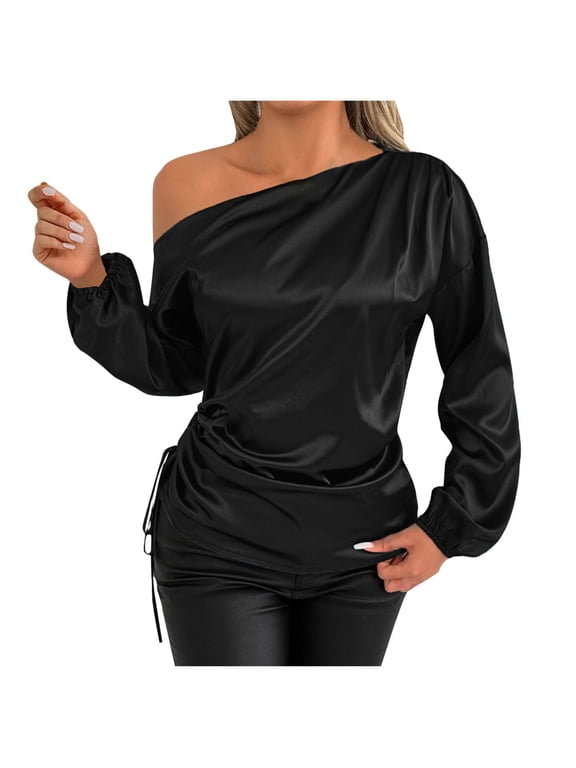 Off the Shoulder Tops for Women Trendy Ruched Long Sleeve Side Drawstring Dressy Casual Tunic Tops