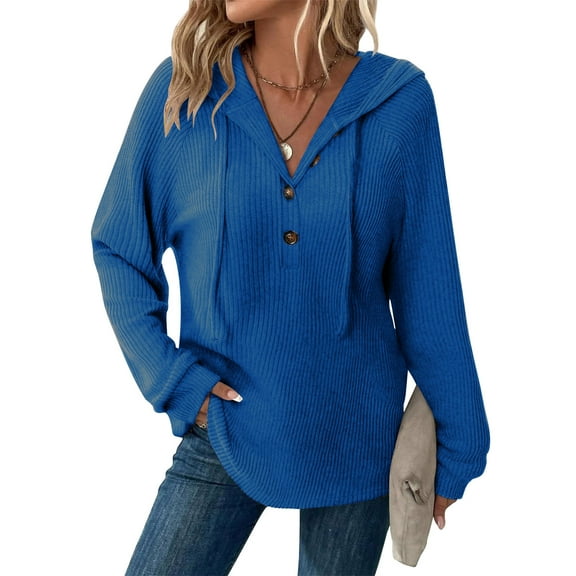 Timegard Oversized Hoodies for Women Fall Ribbed V Neck Button Long Sleeve Pullover Loose Comfy Tops