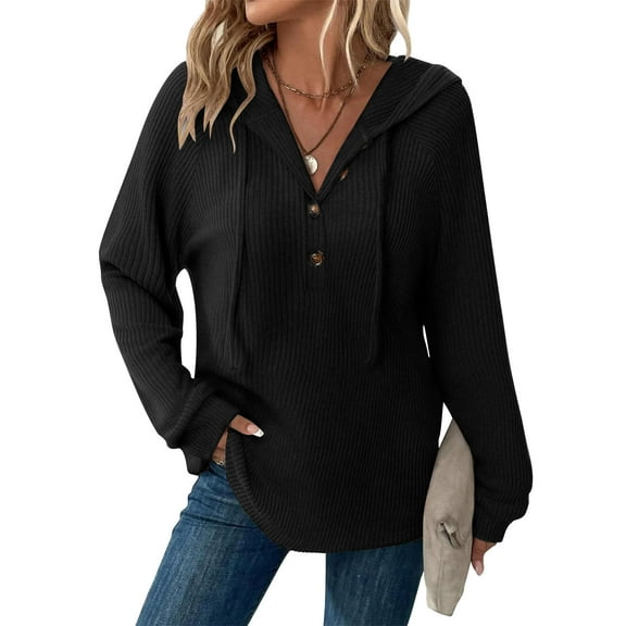 Timegard Oversized Hoodies for Women Fall Ribbed V Neck Button Long Sleeve Pullover Loose Comfy Tops